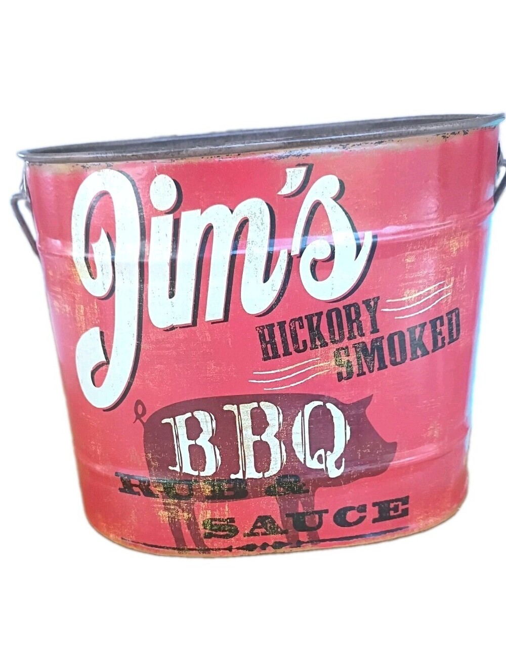 Jim's Hickory Smoked BBQ Rub & Sauce Metal Bucket Decorative Prop Red 9x6x8"H